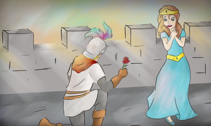 Sant Jordi giving a rose to the princess